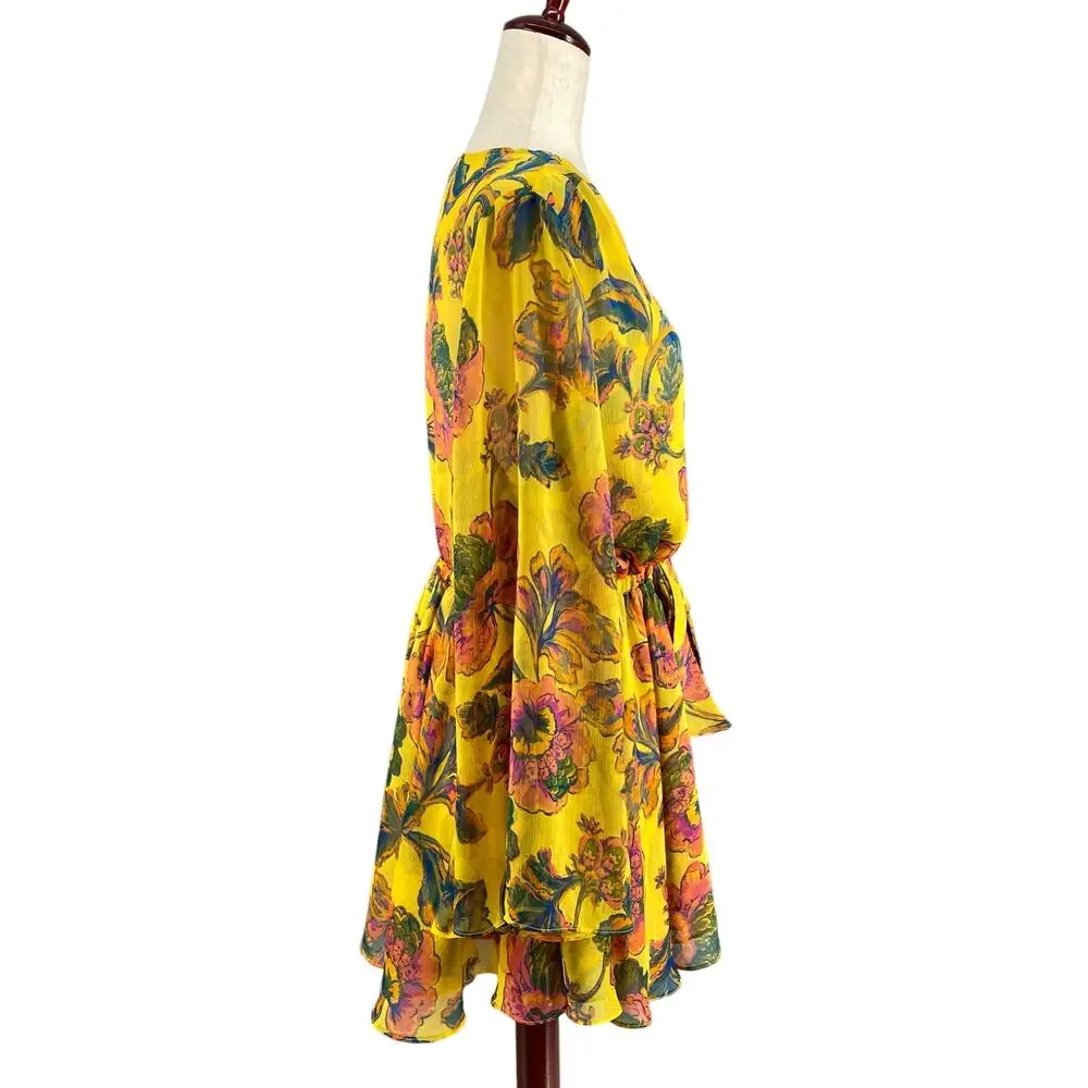 Misa Kaia Floral Chiffon Mini Dress Womens L Canary Yellow Anthropologie Revolve - Picture 2 of 16